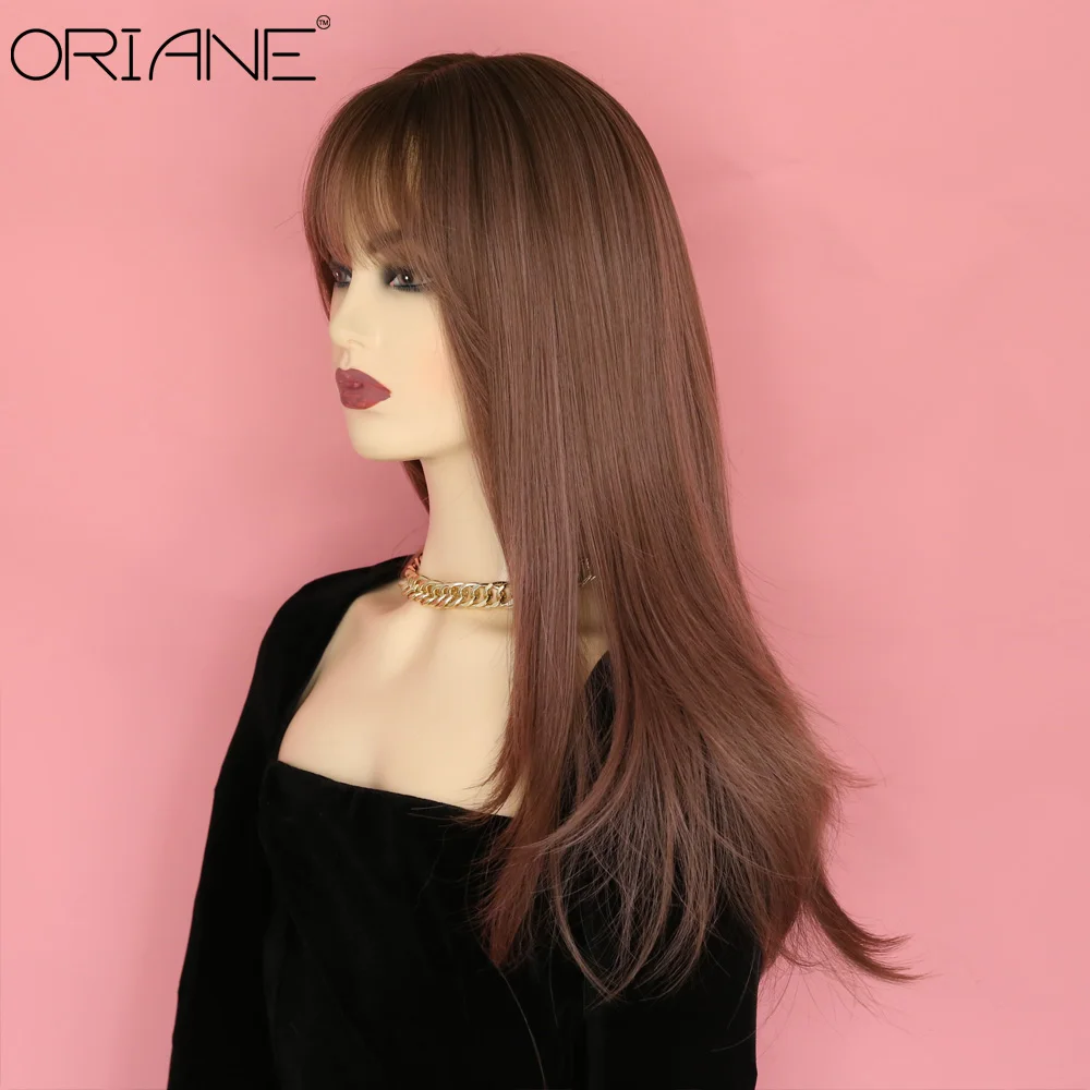 

ORIANE Pink Brown Synthetic Wigs With Bangs For Women Long Straight Soft Hair Cosplay Wigs Natural Heat Resistant Lolita Wigs