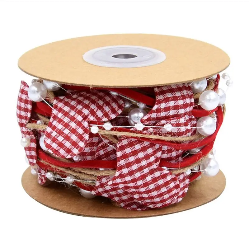 

5m/Roll Imitation Pearl Beaded String Ribbon with Stuffed Plaid Heart Garland Chain for Valentines Day DIY Craft
