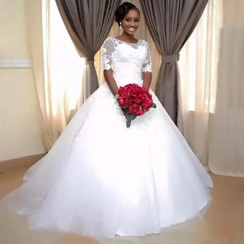 

African A Line Wedding Dresses Jewel Half Sleeves Illusion Lace Appliques Sweep Train Custom Formal Bridal Gowns