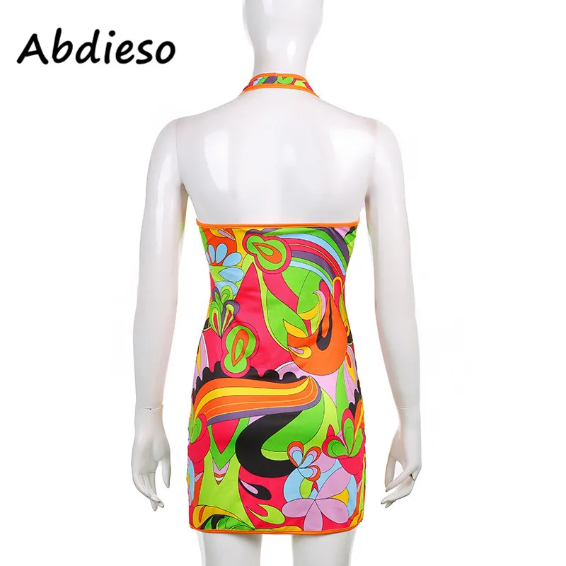 

Abdieso Y2K Floral Print Summer Dress Women Sleeveless 2021 Hollow Out Backless Mini Bodycon Dress Sexy Party Beach Fashion