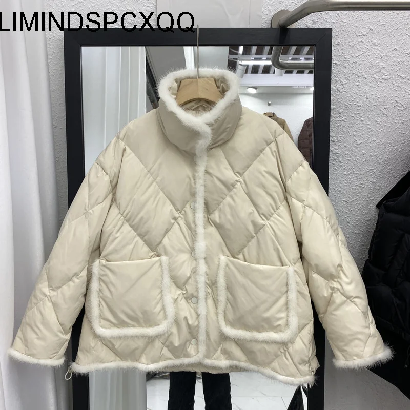 

Женское зимнее пальто на утином пуху с воротником из натурального меха норки, плотная куртка с отделкой, женская модная Свободная верхняя о...