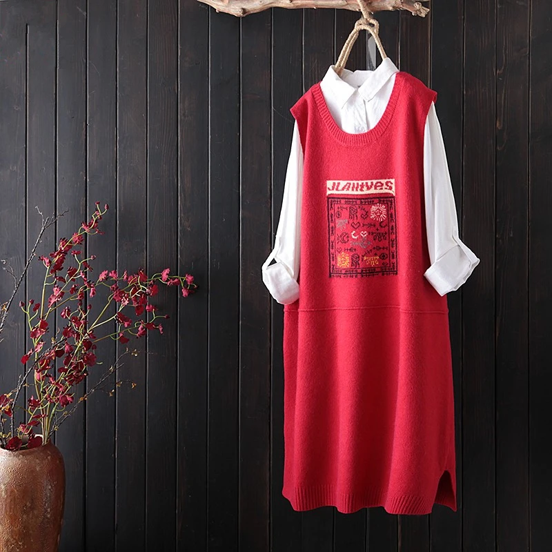 2020 Жаккардовые Дамы Длинный свитер жилет юбка с высокой талией вязаной жилеткой