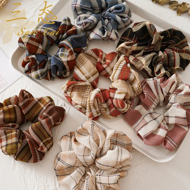 

Retro Plaid Scrunchies Chiffon Hair Ties Rope Women Elastic Hair Rubber Band Ponytail Holder Fashion INS Girls Hair Accessories