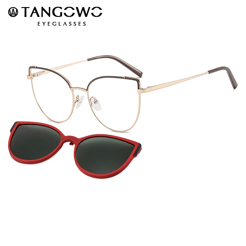 

TANGOWO Cat Eye Metal 2 In 1 Clip on Magnetic Glasses Frame for Women Optical Myopia Eyeglasses Polarized Sunglasses B23116