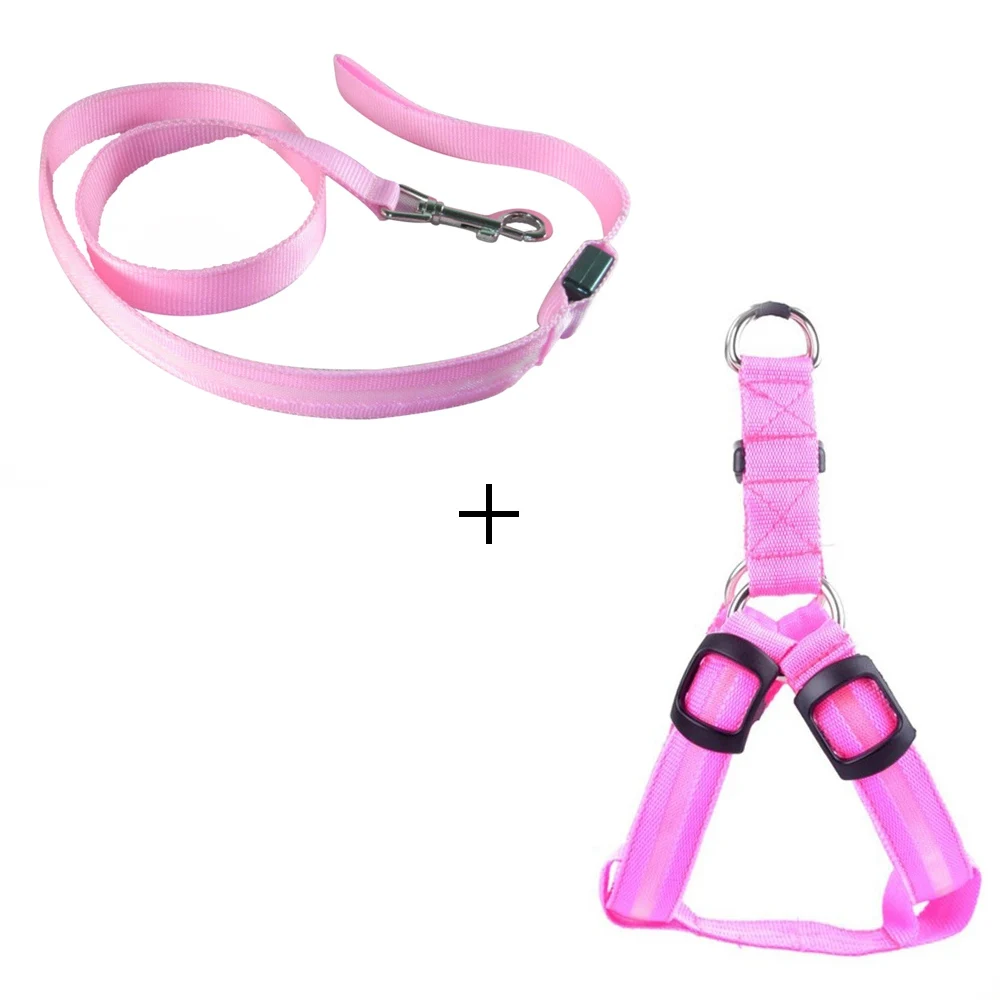 pink harness set Светодиодный собачий ошейник, поводок для собак, собачий ошейник, набор, электронный нейлоновый собачий поводок, веревочный светильник, поводок для домашних животных, поводок для кошек, продукт для домашних животных - Цвет: pink harness set