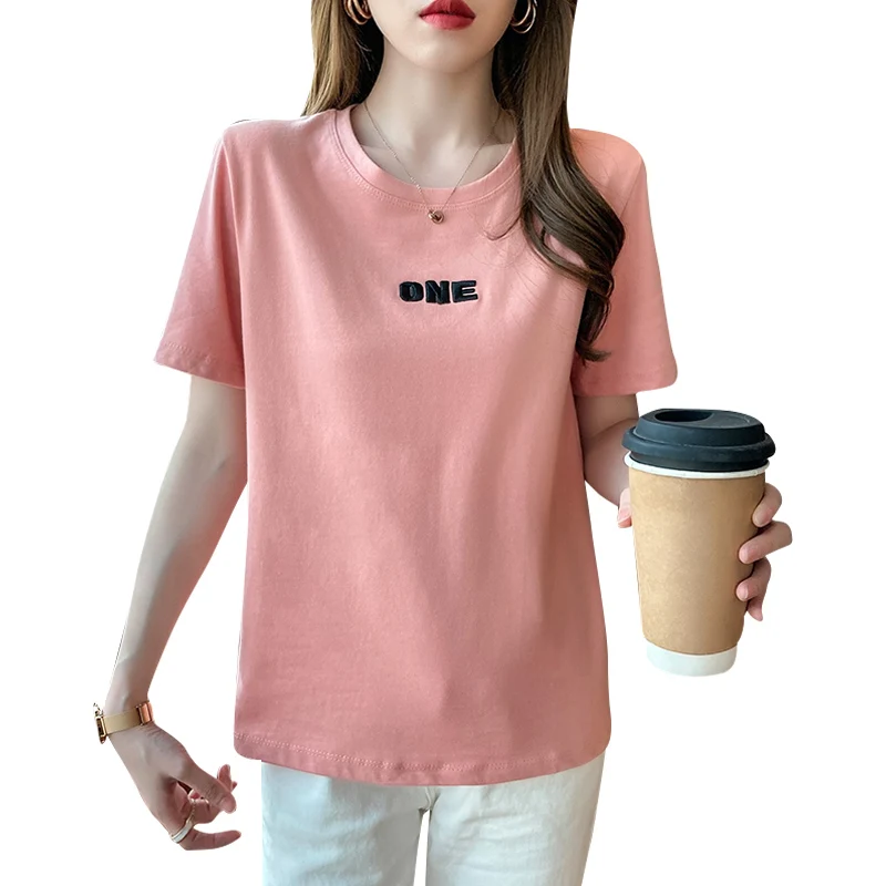 

2021 nian Summer Korean New Fashion Loose and Slimming Embroidered Crew Neck Top Casual All-Match Short-Sleeved T-shirt Female