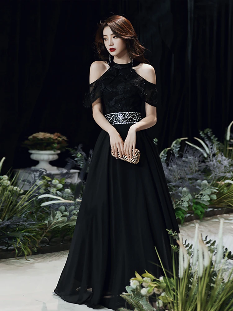 Новинка Черное длинное платье с блестками и поясом для девушек женщин принцессы