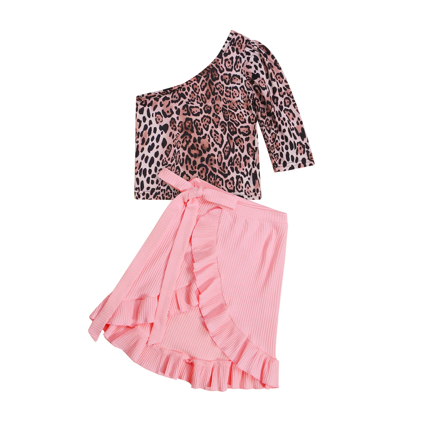 

2021 Summert Toddler Girls 2Pcs Fashion Clothes Long Sleeve One Shoulder Leopard Tops + Tie Wrap Skirt Set 1-6Years