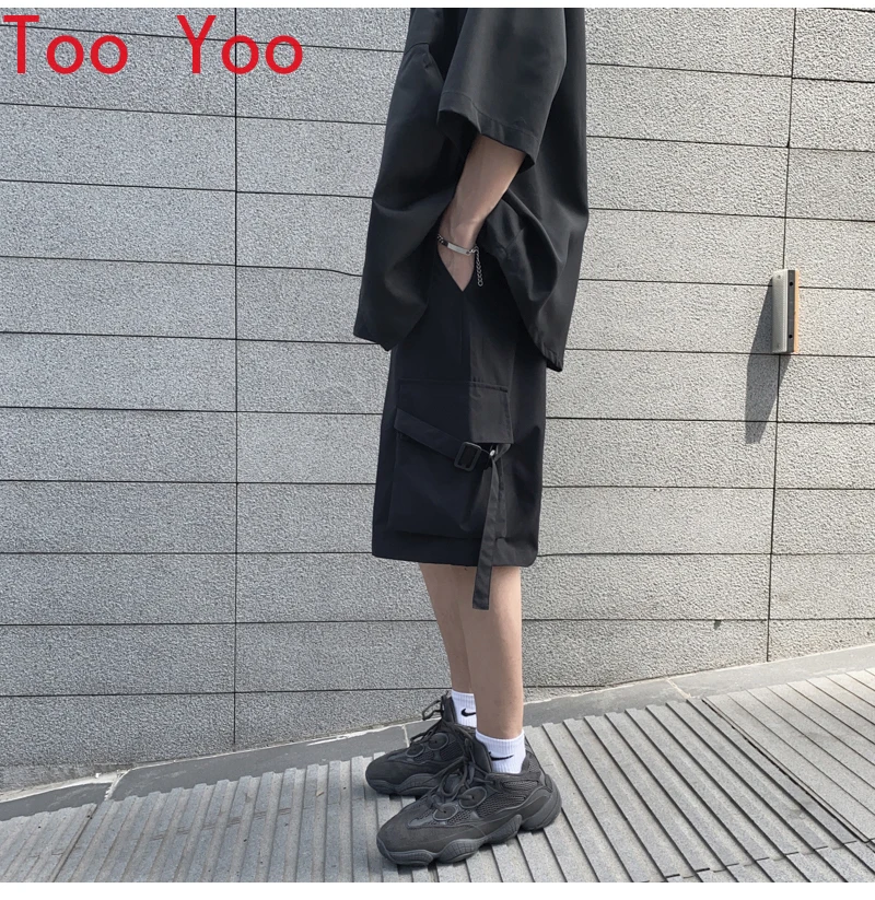 

Men Black Japanese Streetwear Cargo Shorts 2021 Summer Mens Ribbons Vintage Patchwork Runing Short Male Harem Pants