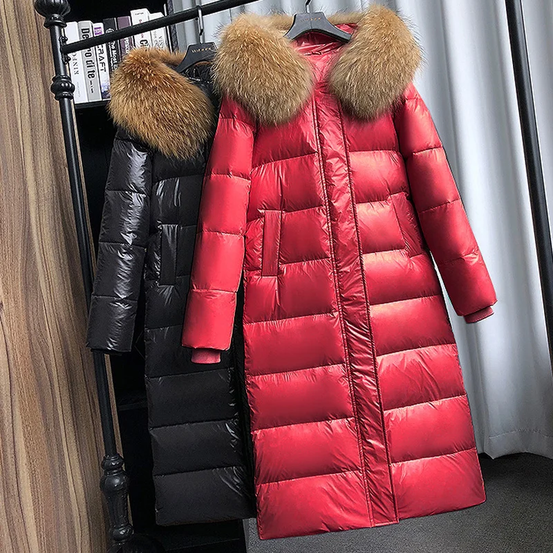 Winter Down Jacket 90% Large Fur Collar Hooded Women White Duck Down Thick Warm Park Women Long Snow Jacket