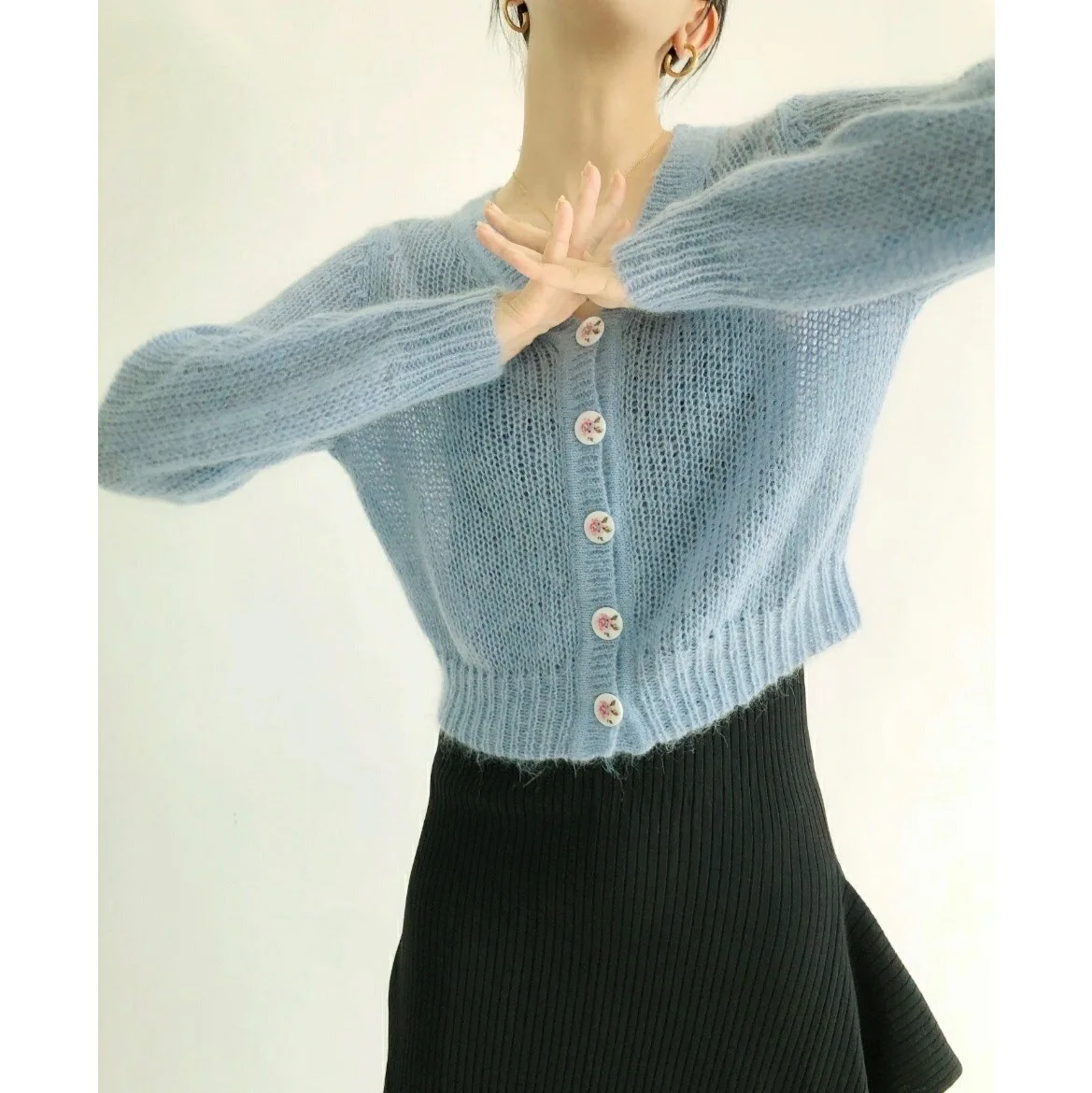 Women Sweater French Baby Blue Short Cardigan Floral Button Aqua Wool Mohair |