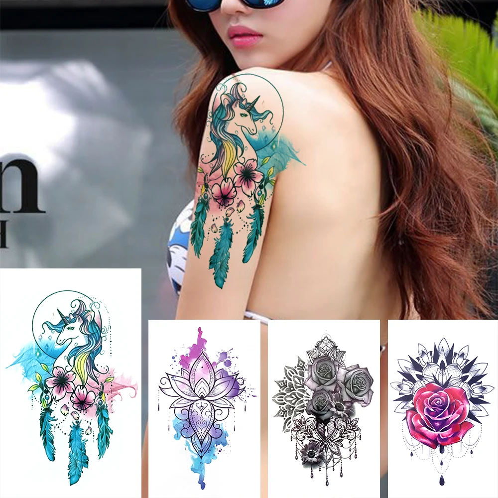 

Falsh Unicorn Tattoos Sticker For Women Men Adult Waterproof Temporary Tattoos Realistic Fake Jewelry Flower Rose Lotus Tatoos