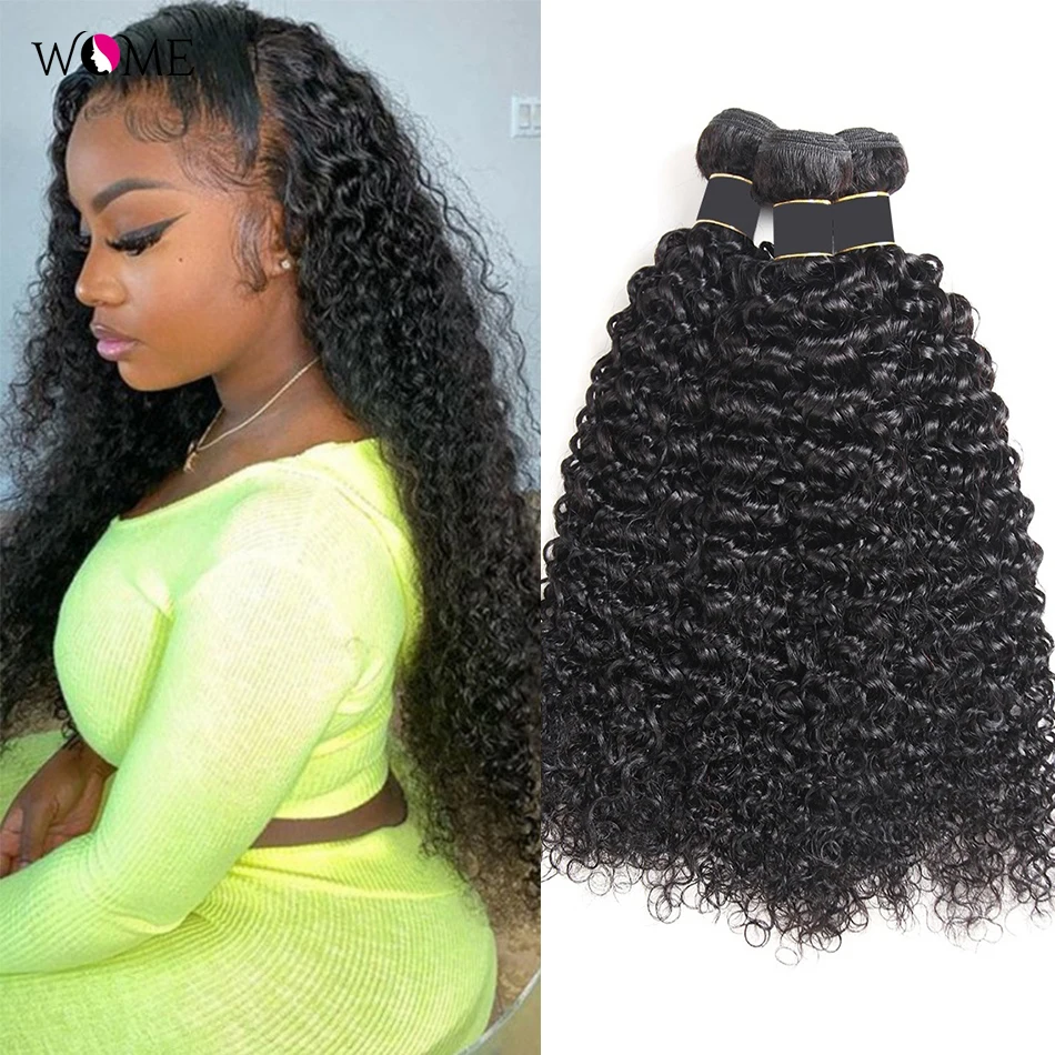 WOME Brazilian Kinky Curly Human Hair Bundles Jerry Curls 1/3/4 Bundles 10-26 Inches Natural Color Non-remy Hair Extensions