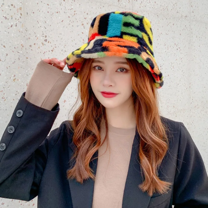 

Panama Hat Female Autumn Winter Harajuku Bucket Hats Ladies Short Brim Imitation Mink Velvet Cap Women Letter Fisherman Caps