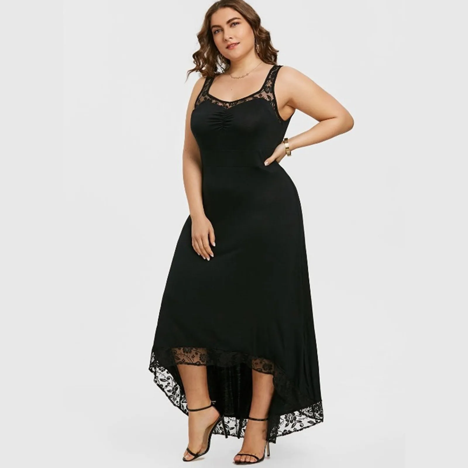 

Women Sleeveless Tank Dress Fashion Loose Solid Black Lace V-Neck Vest Top Female Summer Casual Plus Size Irregular Hem Dresses