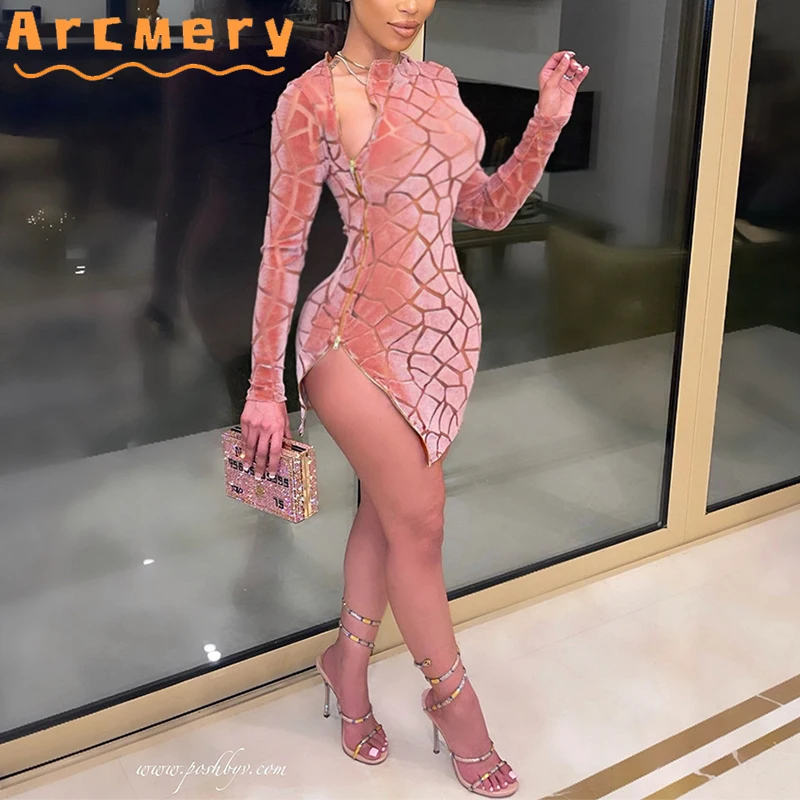 

Long Sleeve Diagonal Zipper Detail Bodycon Slit Sexy Mini Dress