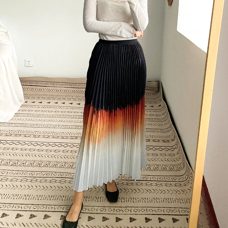 Gradient Pleated Skirt Women's High Waist Shows Thin 2021 Fashion Design Sense Minority Long Pleated Skirt