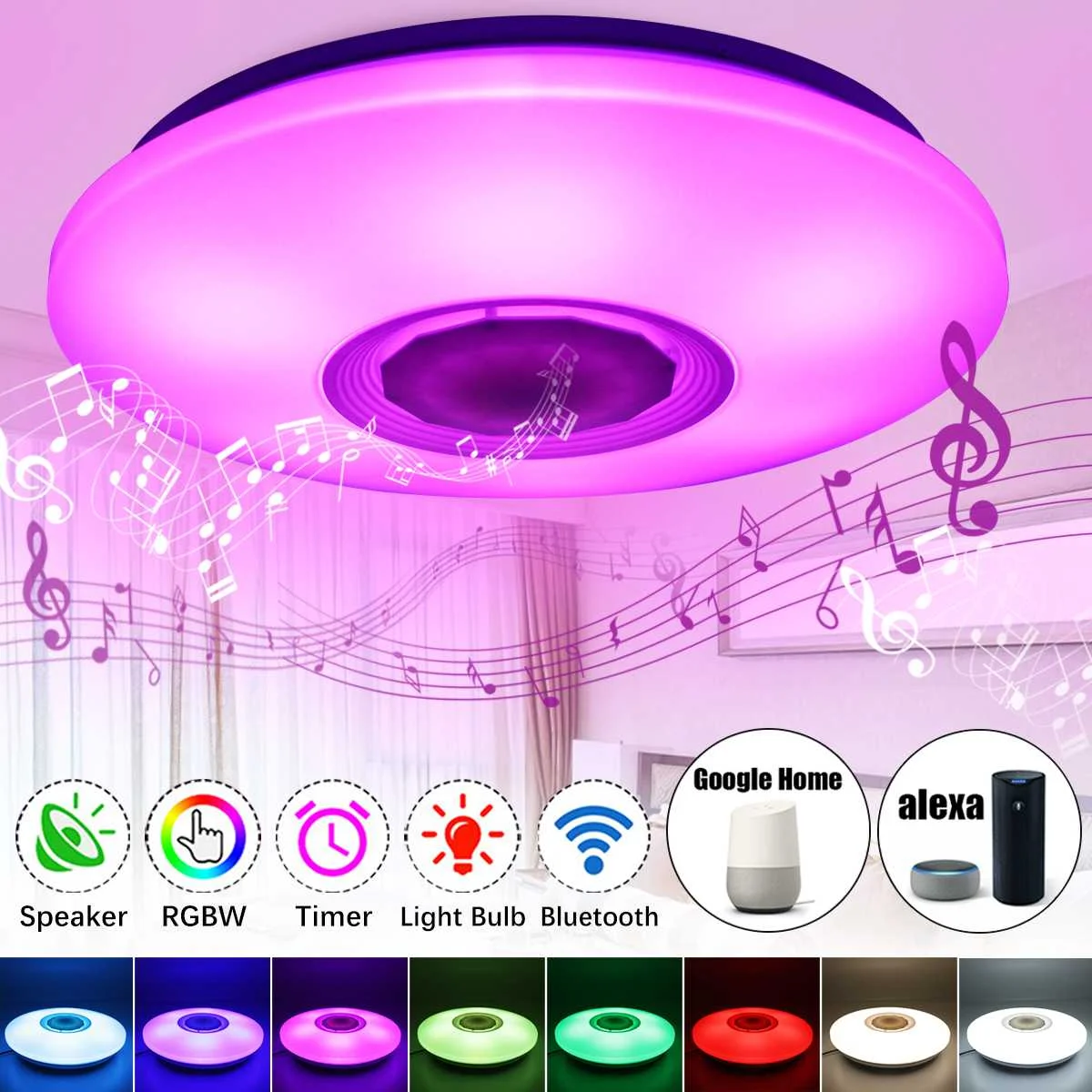 Lámpara de techo inteligente LED con Wifi de 138W, regulable con aplicación RGBW Altavoz bluetooth, 108 luces LED de música, accesorio que funciona con Google Alexa