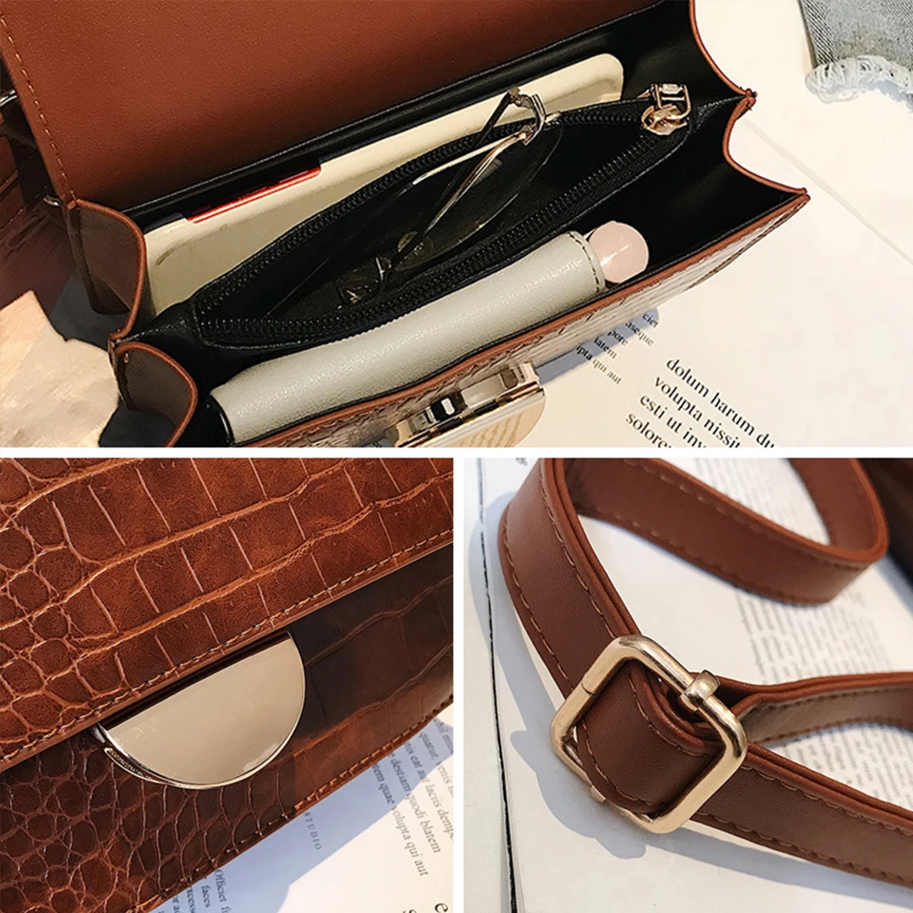 

2020 Fashion Crocodile Pattern Handbag for Women Pu Leather Shoulder Messenger Bags Ptgirl Retro Wide Strap Shoulder Square Bags