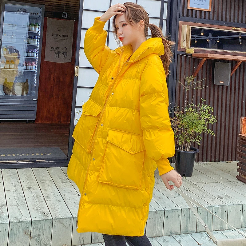 

Unua amo 2021 Long Puffer Jacket Female Warm Stand-collar Fluffy Parka Fashion Glossy Yellow Down-padded Winter Coat Women