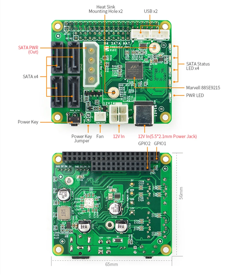 Плата расширения NanoPi M4B/M4V2 PCIe на 4 порта SATA3.0 плата NAS RK3399 Штабелируемый дизайн
