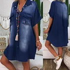 Женское джинсовое платье с коротким рукавом, свободное Повседневное платье-рубашка с отложным воротником и карманами, #2