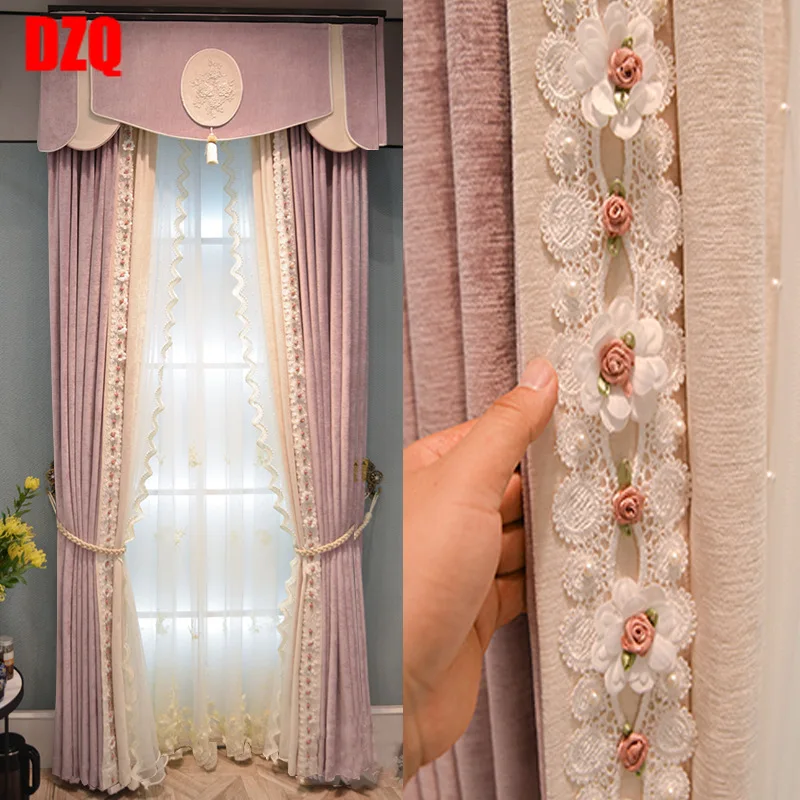 

Pink Light Luxury French Flannel Curtain Living Room Bedroom Study Atmospheric Chenille Curtain Customization Luxury Curtains