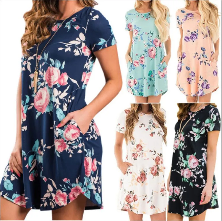

summer printed short sleeved o neck crew neck with pockets dress