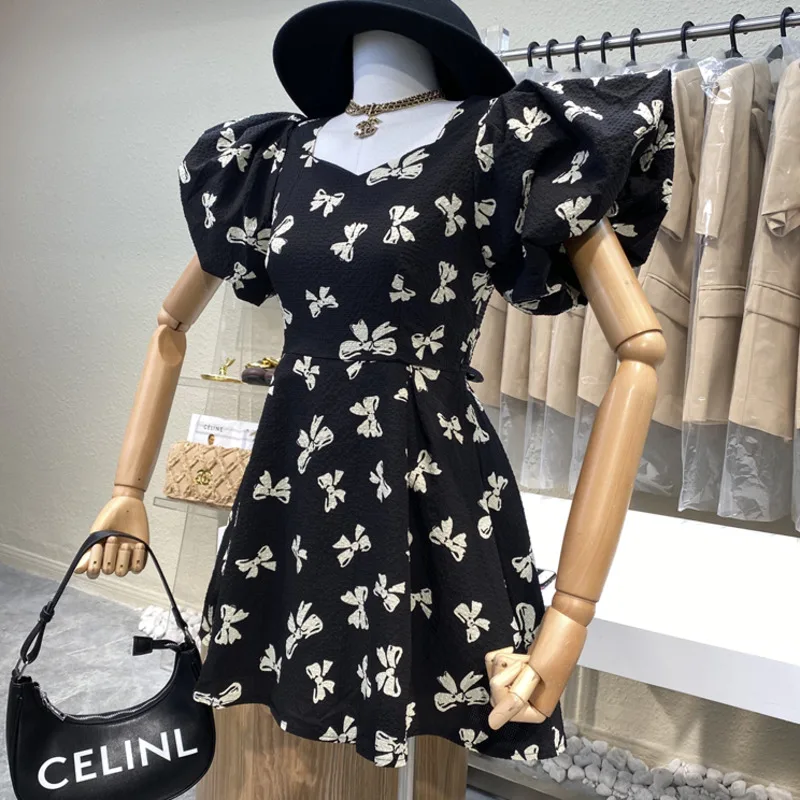 

2021 Vintage Bow Print Bandage Mini Summer Dress Women Puff Sleeve Party Dresses Sweet High Waist Vestido De Festa Elegant Robes