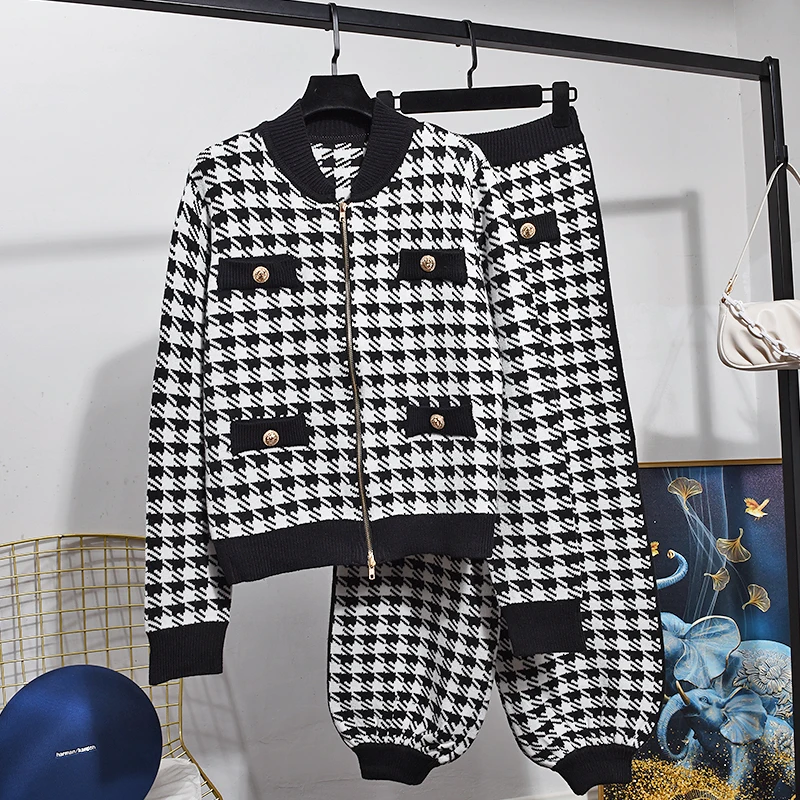 

Autumn Winter Houndstooth Wool Knit Cardigan Jacket Two-Piece Set Women Coat + Bloomers Pants Fashion Suit Tracksuit Ladies G574