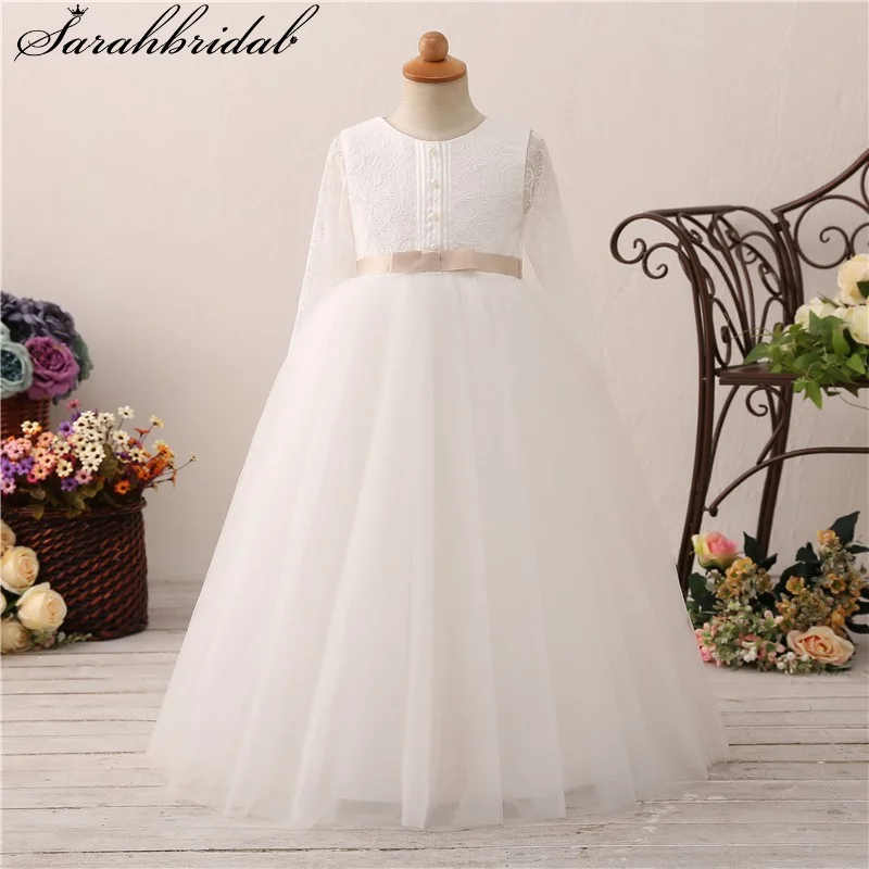 

Sweety Princess Dresses Lace Bow Pearls Button Empire A Line Birthday O Neck Long Sleeve Floor Length Flower Girls Gown HT03