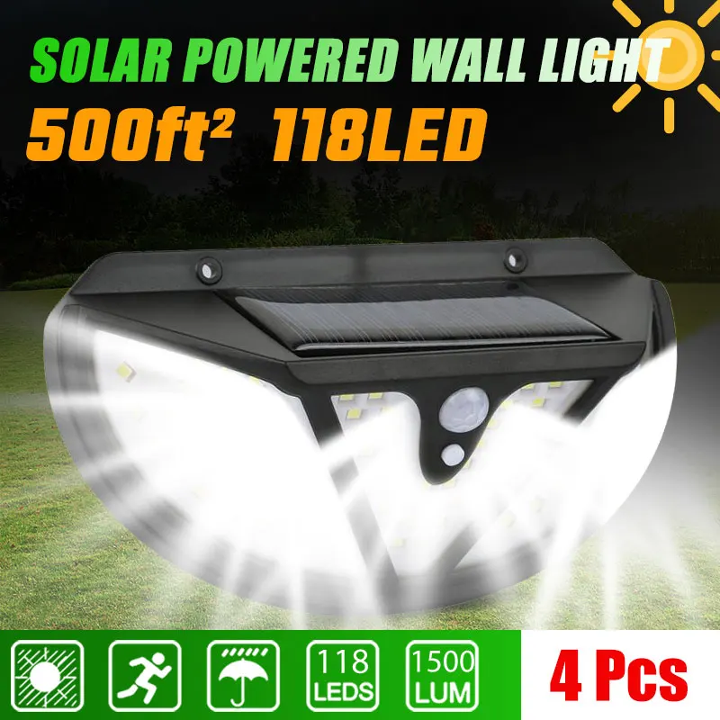 

118 LED Solar Powered Wall Light 3 Modes Motion Sensor Waterproof Garden Park Courtyard Porch Fence Driveway Outdoor Street Lamp