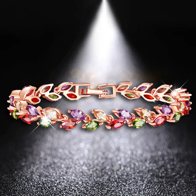 

HUAMI Rose Gold Bangles Colorful Crystal Gifts for Women Fashion Jewelry Pulseiras Willow Leaf Copper Zircon Femme Bijoux