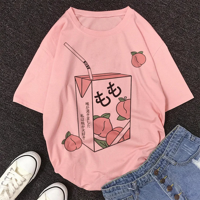White T-shirt Women Cartoon Peach Juice Japanses Aesthetic Grunge Pink T Shirt Harajuku Cute Kawaii Summer Casual Tshirt Tops | Женская