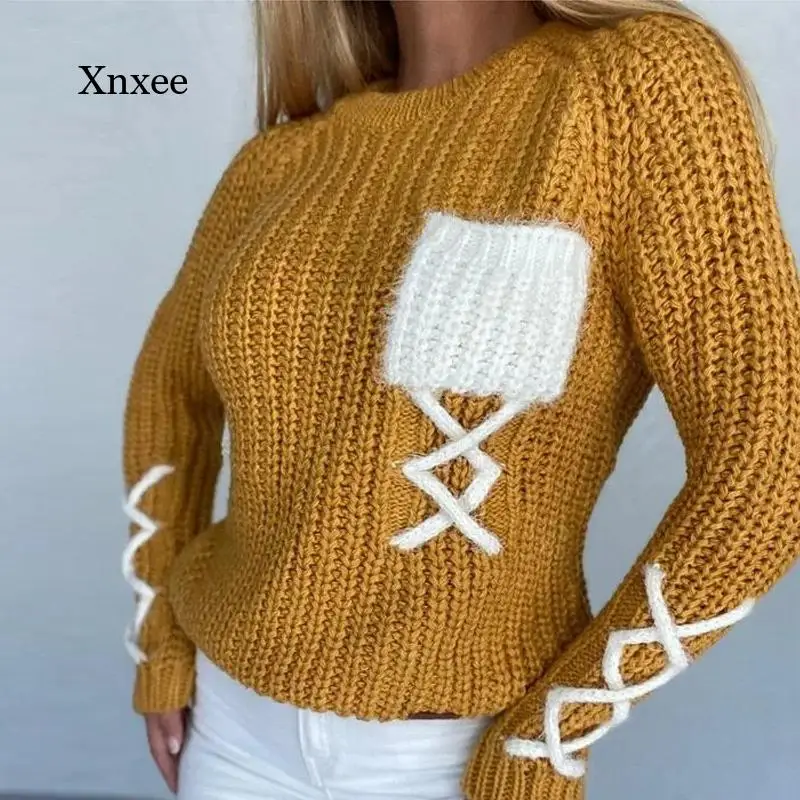 Женский однотонный вязаный свитер с карманами элегантный уличный мягкий теплый