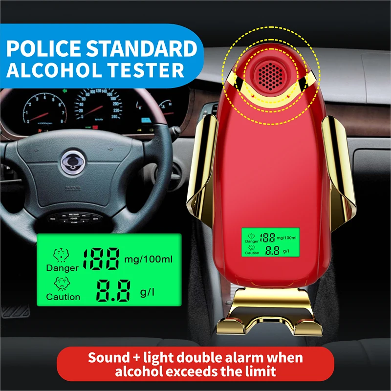 

2 в 1 бесконтактный Тестер спирта дыхания с цифровым Экран дисплея USB Перезаряжаемые с 15 Вт Qi Быстрый Телефон Беспроводной Зарядное устройство