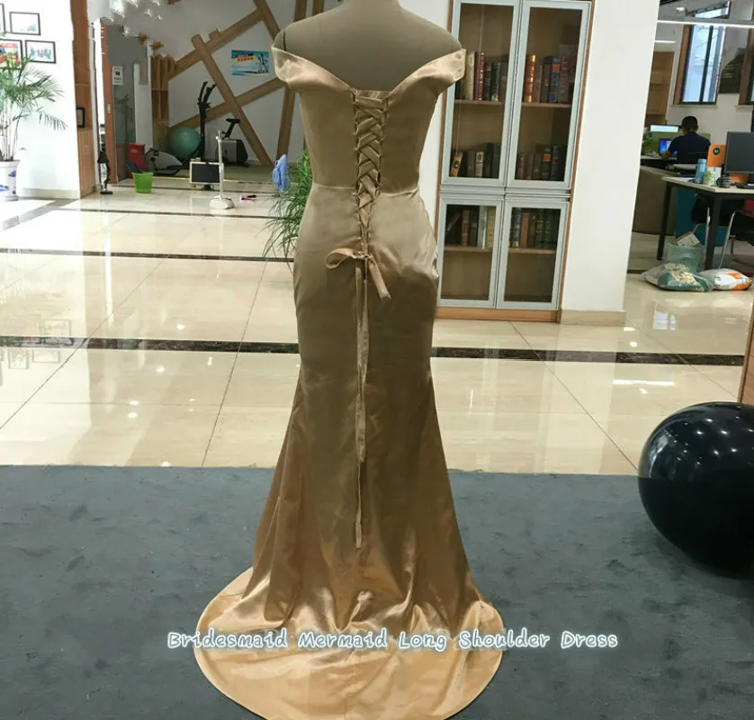 Gold Mermaid Bridesmaid Dresses For Teenage Off Shoulder Women Long Wedding Guest Dress Party Vestidos De Fiesta Noche | Свадьбы и