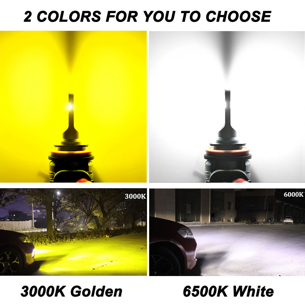 AUXITO 2Pcs H11 LED Fog Light Bulbs H8 H9 H16 JP LED CSP 6500k White/3000k Golden Yellow 12V DRL Car Daytime Running Auto Lamp images - 6