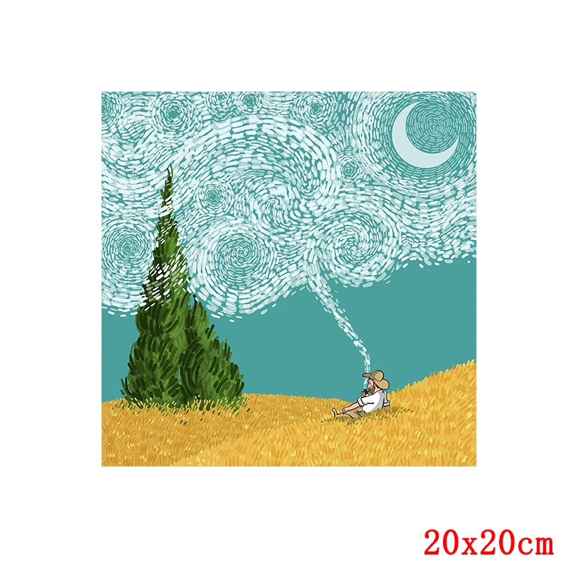 

Starry Sky Patches Van Gogh Iron On Transfers For Clothing Flower Stickers Waves Eyes Appliques Washable DIY T-Shirt On Dress
