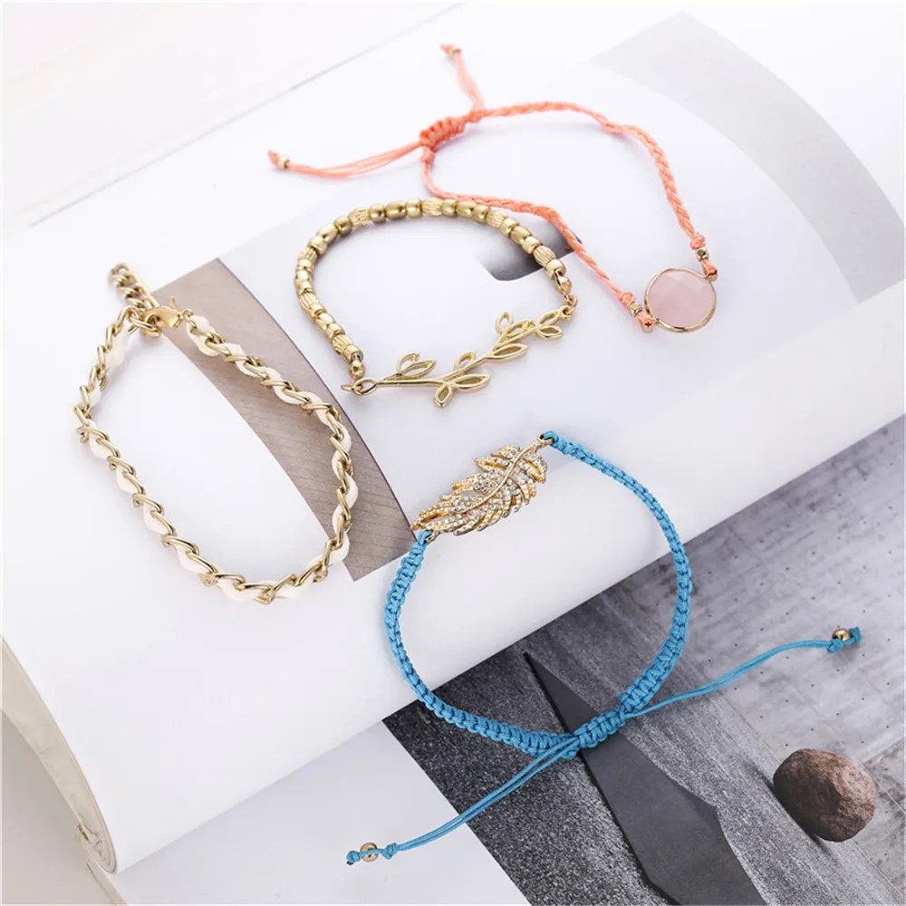 

4PCS/Set Boho Bracelet Set For Women Ethnic Handmade Geometric Leaf Stone Woven Bracelet Beach Bangle Jewelry Gift