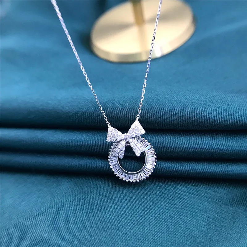

Cute Bling Bowknot Design Simple Round Pendant Necklace for Women 925 Silver Link Chain Fashion Necklace Jewelry 2021 New Trend