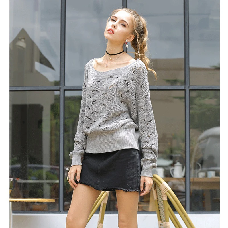 

British Hollow Out Knitted Sweater Comfortable Sexy Temperament Women Pullover Slash Neck Long Sleeve Loose Jumpers Bat Shirt