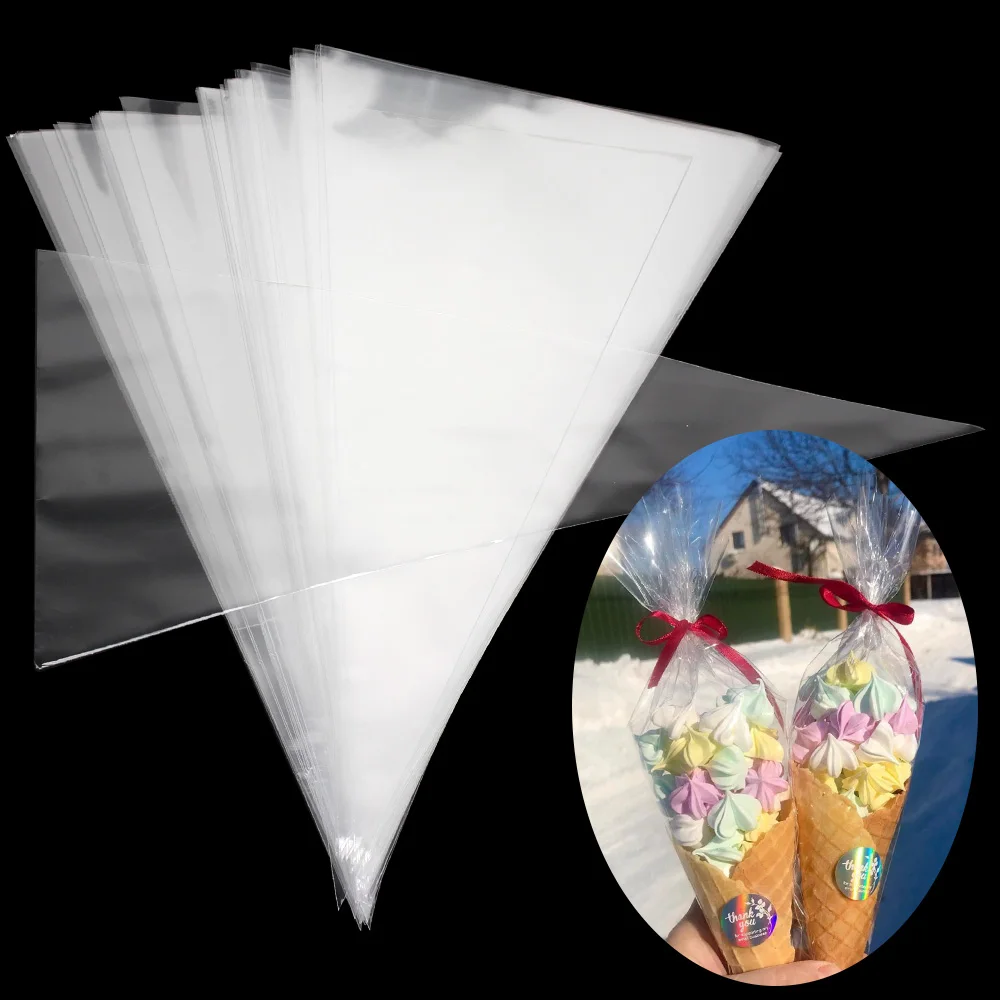 

100 шт./лот украшение для свадьбы, дня рождения, «сделай сам», мешок для конфет, сладкий целлофан, прозрачный конус для хранения с мешочком из о...