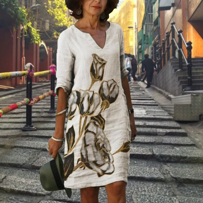

Elegant Women Dress Summer Vintage Print V-Neck Half Sleeve A-Line Dress Sundress 2021 Fashion Female Loose Dresses Vestidos