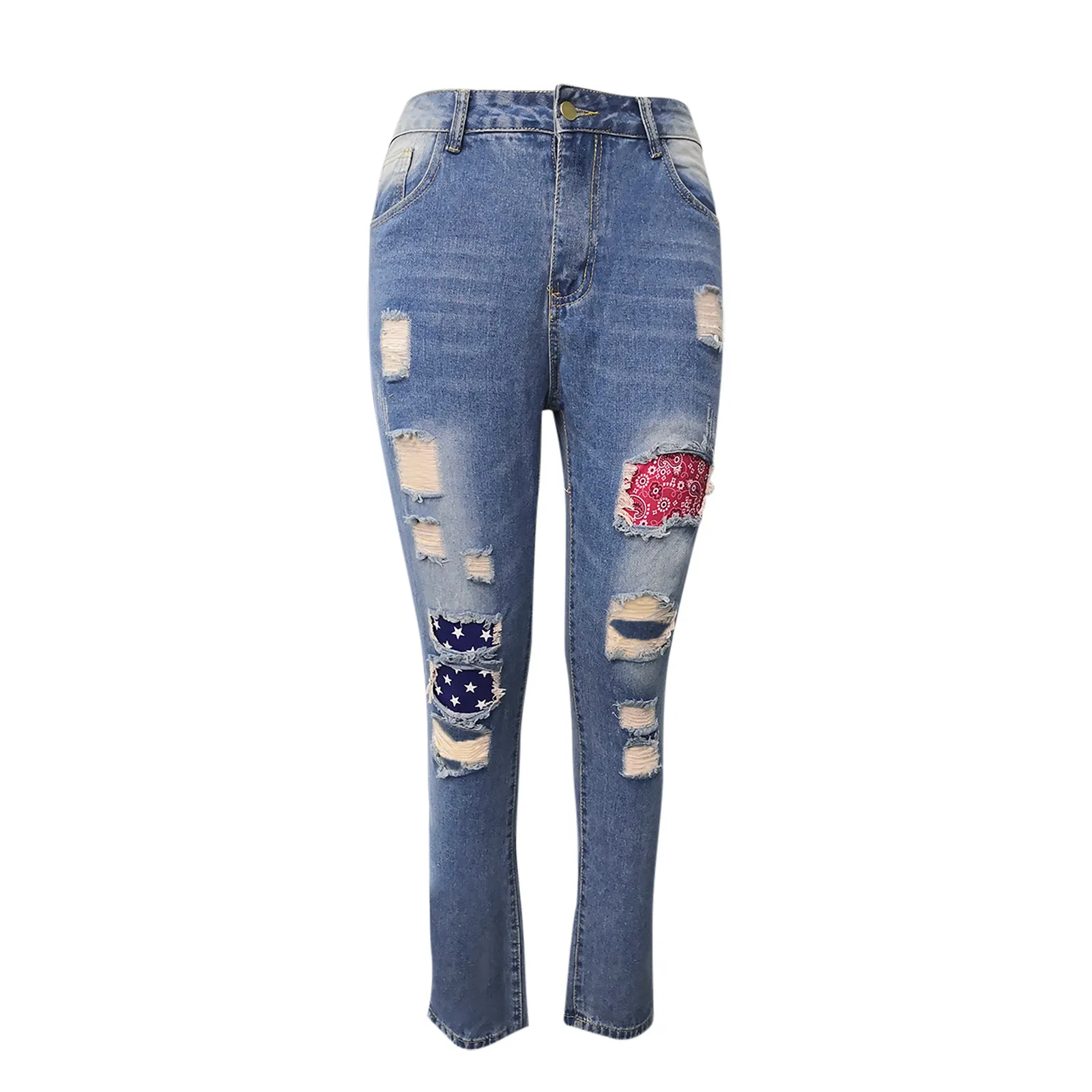 

Women Jeans 2021 New Ripped Skinny Jeans For Women Holes Patchwork Button Zipper Pockets Casual Fashion Denim Slim Pencil Pants
