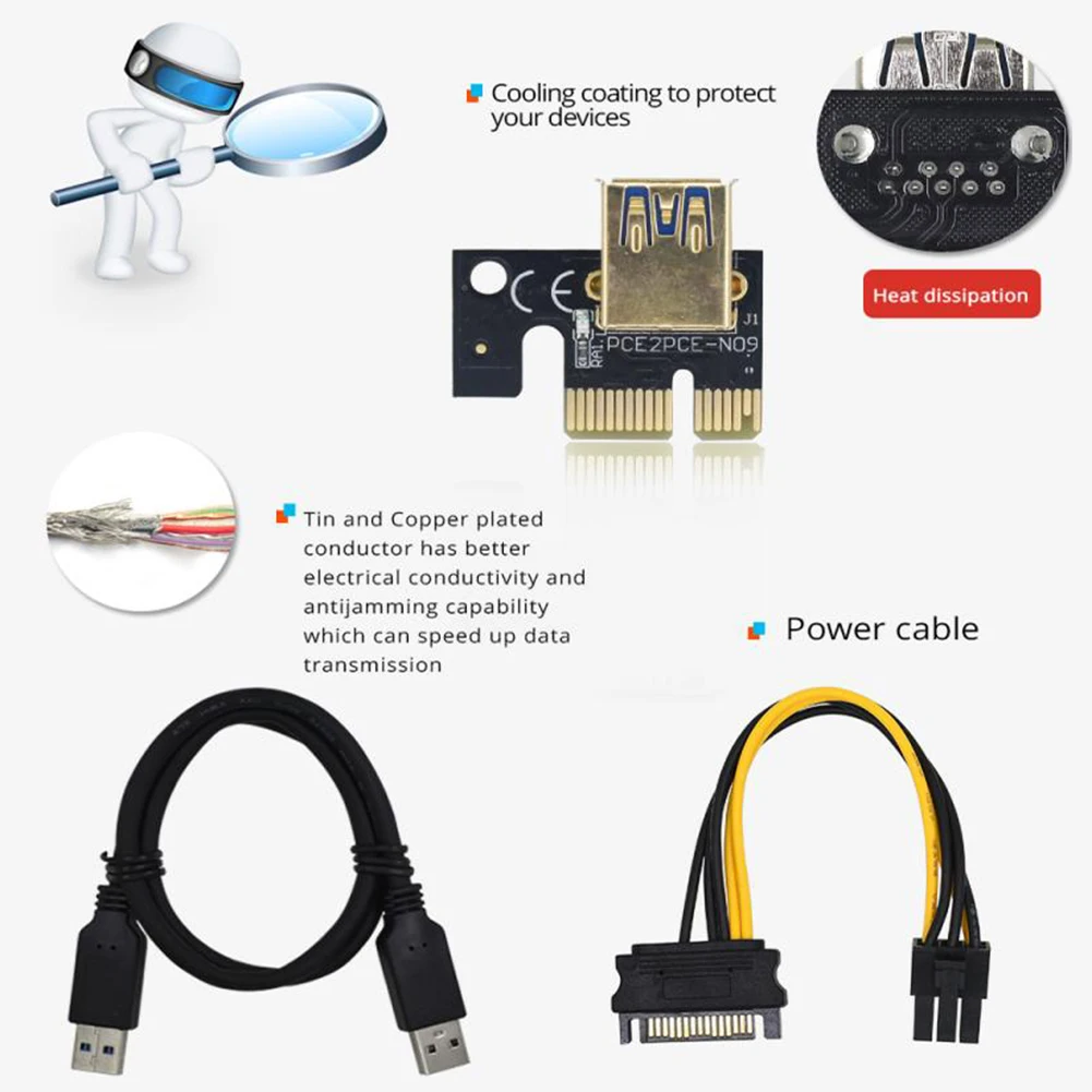 6 шт. VER009S Plus USB3.0 PCI-E Riser 009S PLUS Express X1 до X16 удлинитель USB 3 0 кабель SATA 15 контактов