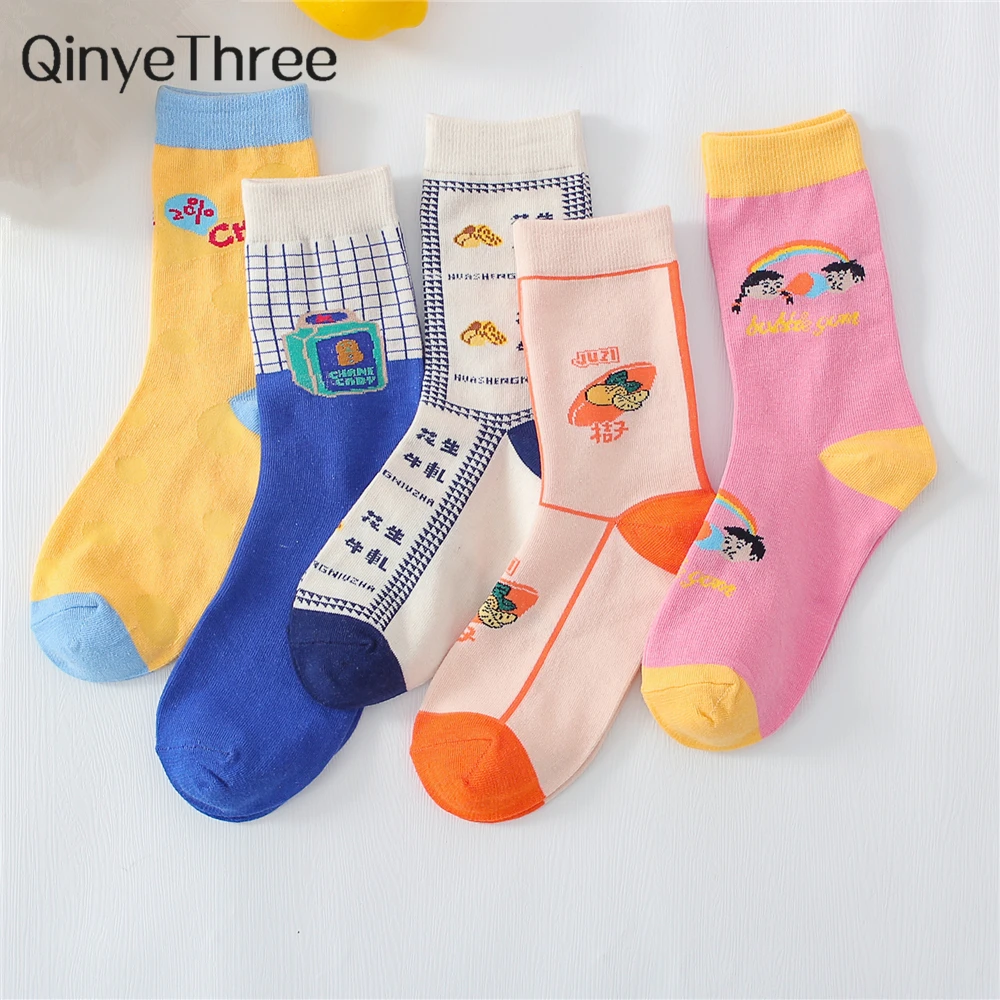 

Ulzzang Japanese cartoon cute fruit foods snack nougat cheese patterned mid tube socks autumn winter new young fashion