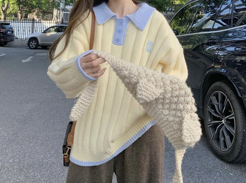 

Polo collar stitched sweater women's autumn winter new lazy style loose thickened sweater top fashion Nuyoah