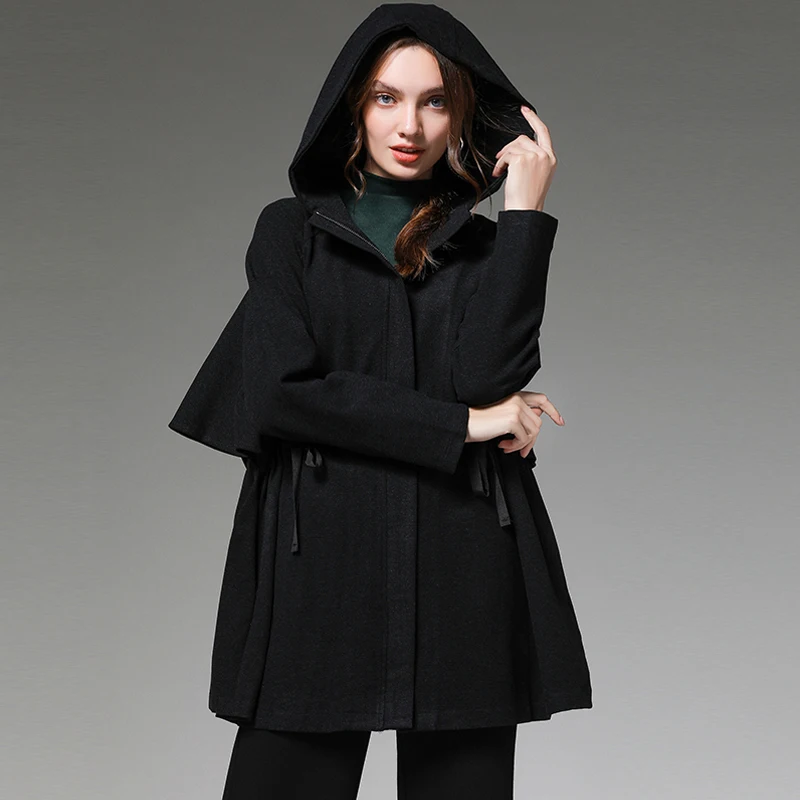 Plus size women clothing Autumn elegant thin trench coat female ruffled loose hooded windbreaker outwear casual outfit flare top | Женская