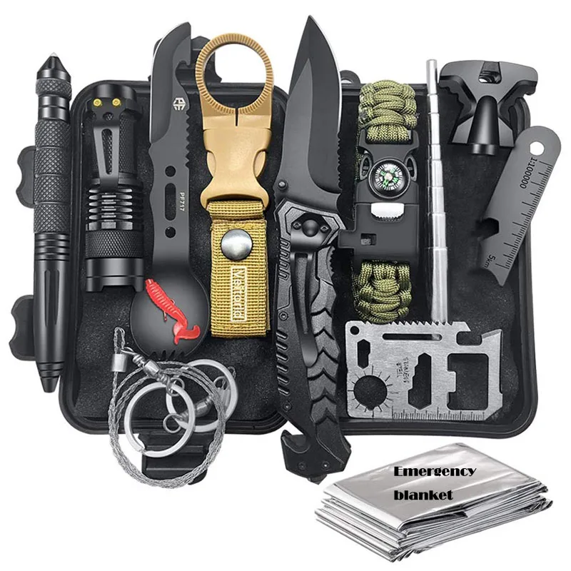 

Survival Kit 12 in 1 Fishing SOS,EDC Survival Gear Emergency Hunting Camping Hiking Kit with knife flashlight Emergency blanket